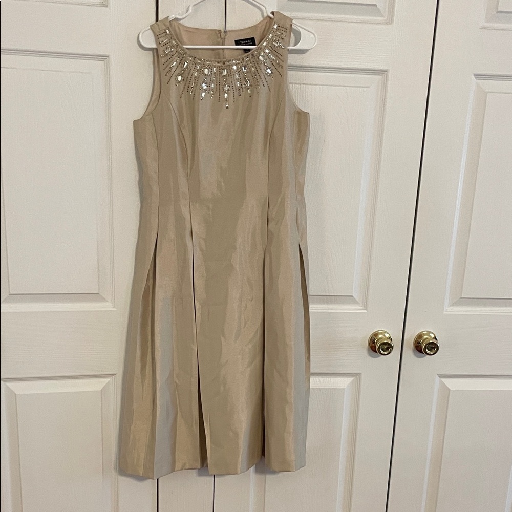 Tahari ASL Beige Embellished Midi Dress